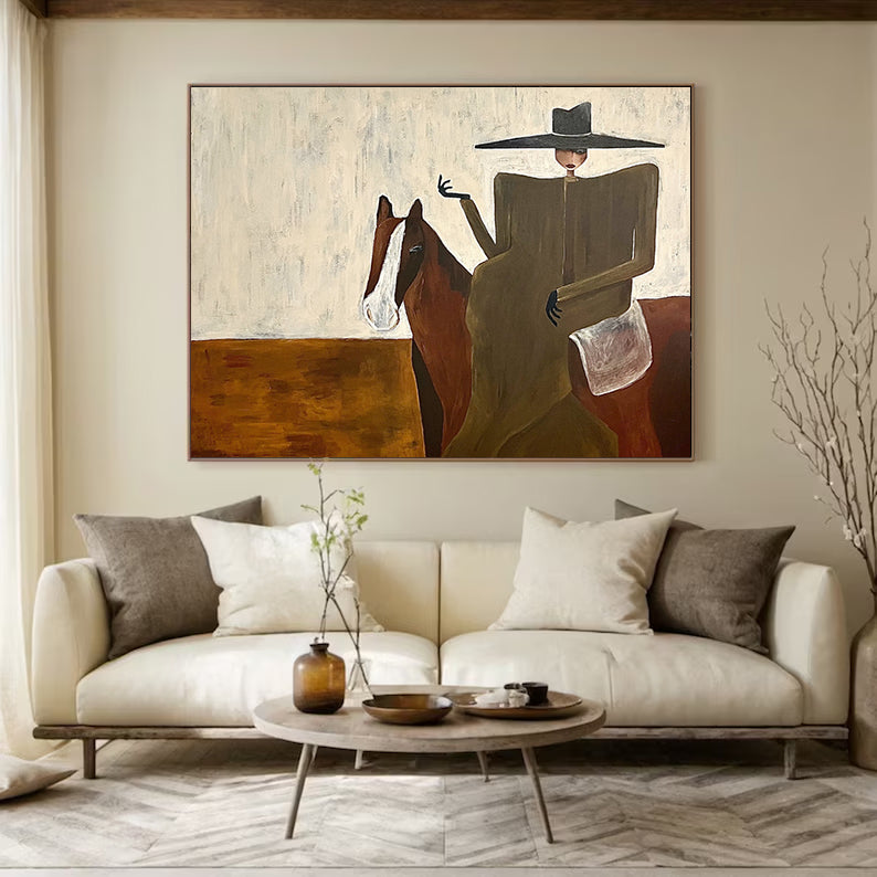 Modern Woman and Horse Painting Mid-century Modern Woman Painting