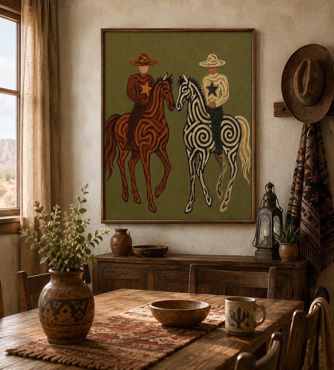 Hand-Painted Cowboy And Horse Canvas Art In Olive Green For Vintage Western Decor