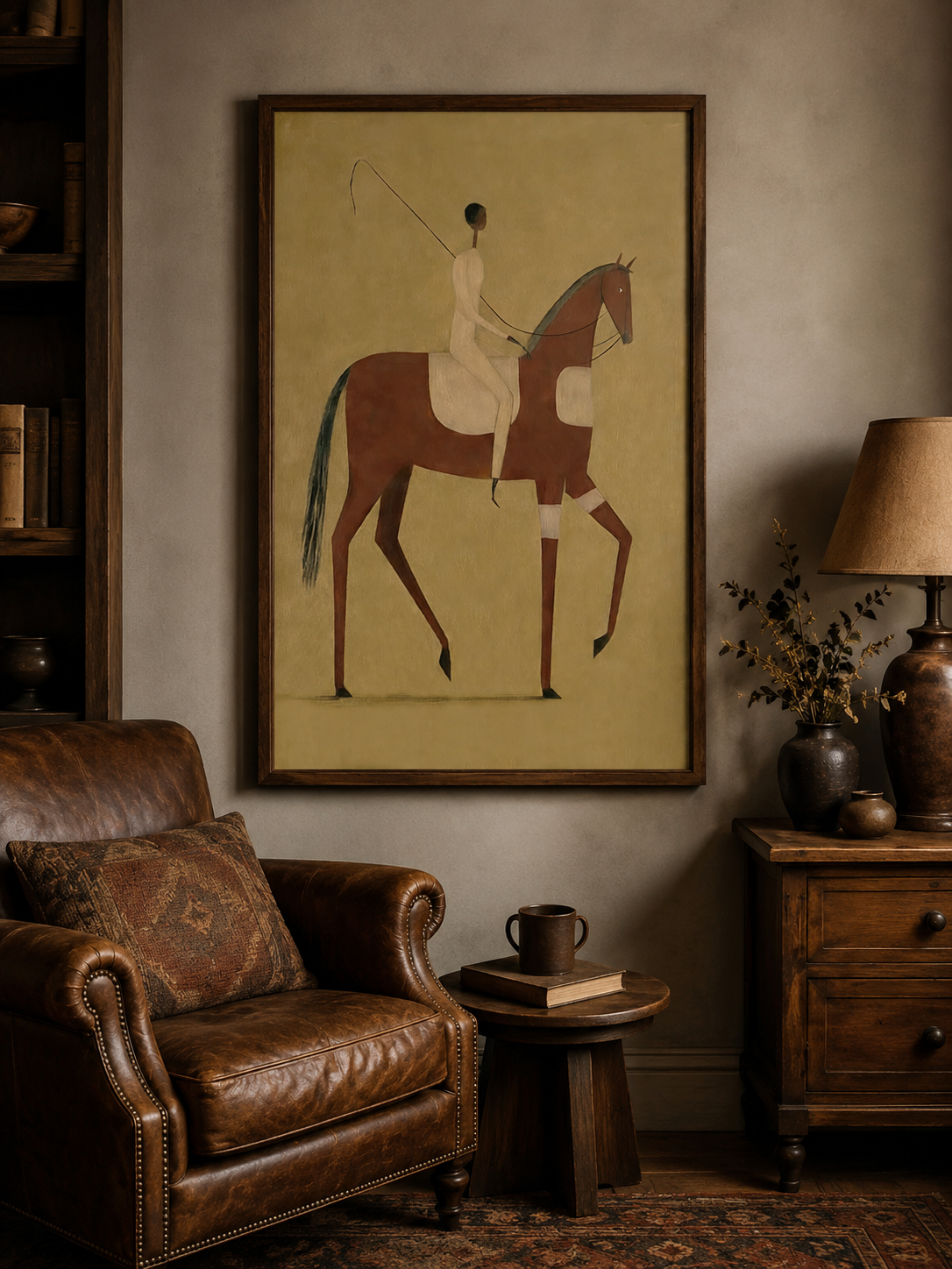 Wabi Sabi Style Rider On Horse Art Original Oil Painting With Olive Background