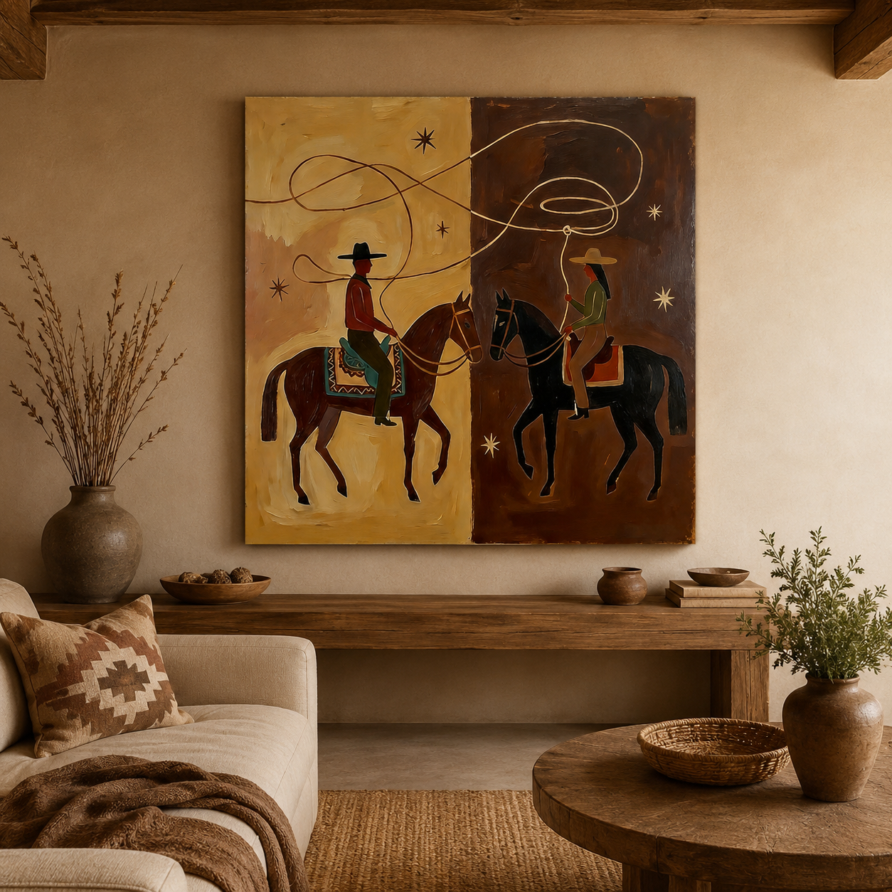 Western Cowboy Horse Painting Earthy Tones Modern Wall Art For Living Room