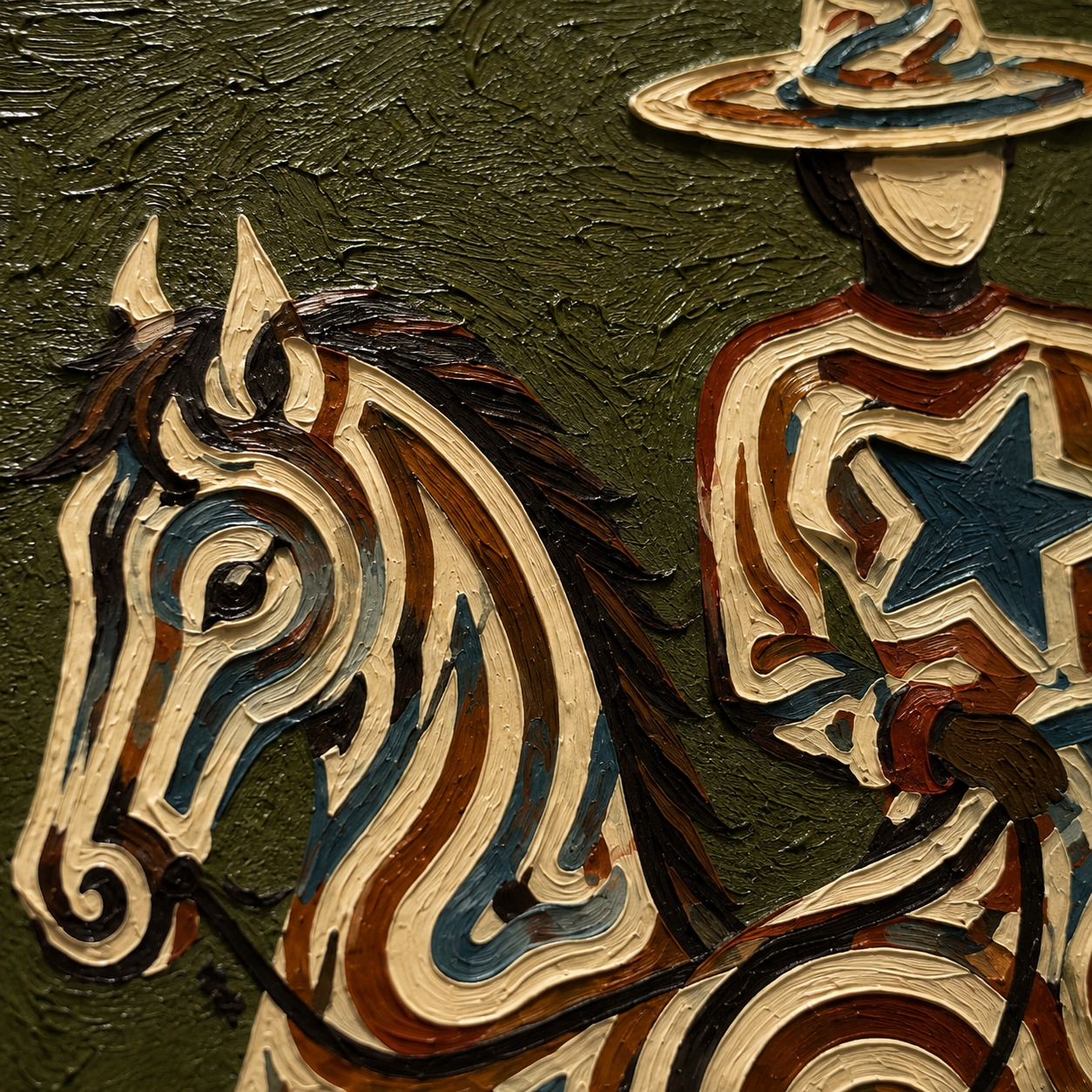 Vintage Cowgirl And Horse Painting Olive Green Wall Art For Living Room Decor