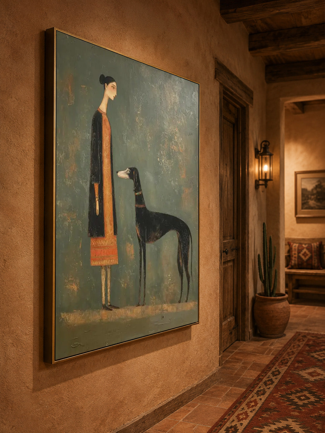Vintage Woman And Dog Painting With Textured Sage Green Background For Living Room Decor