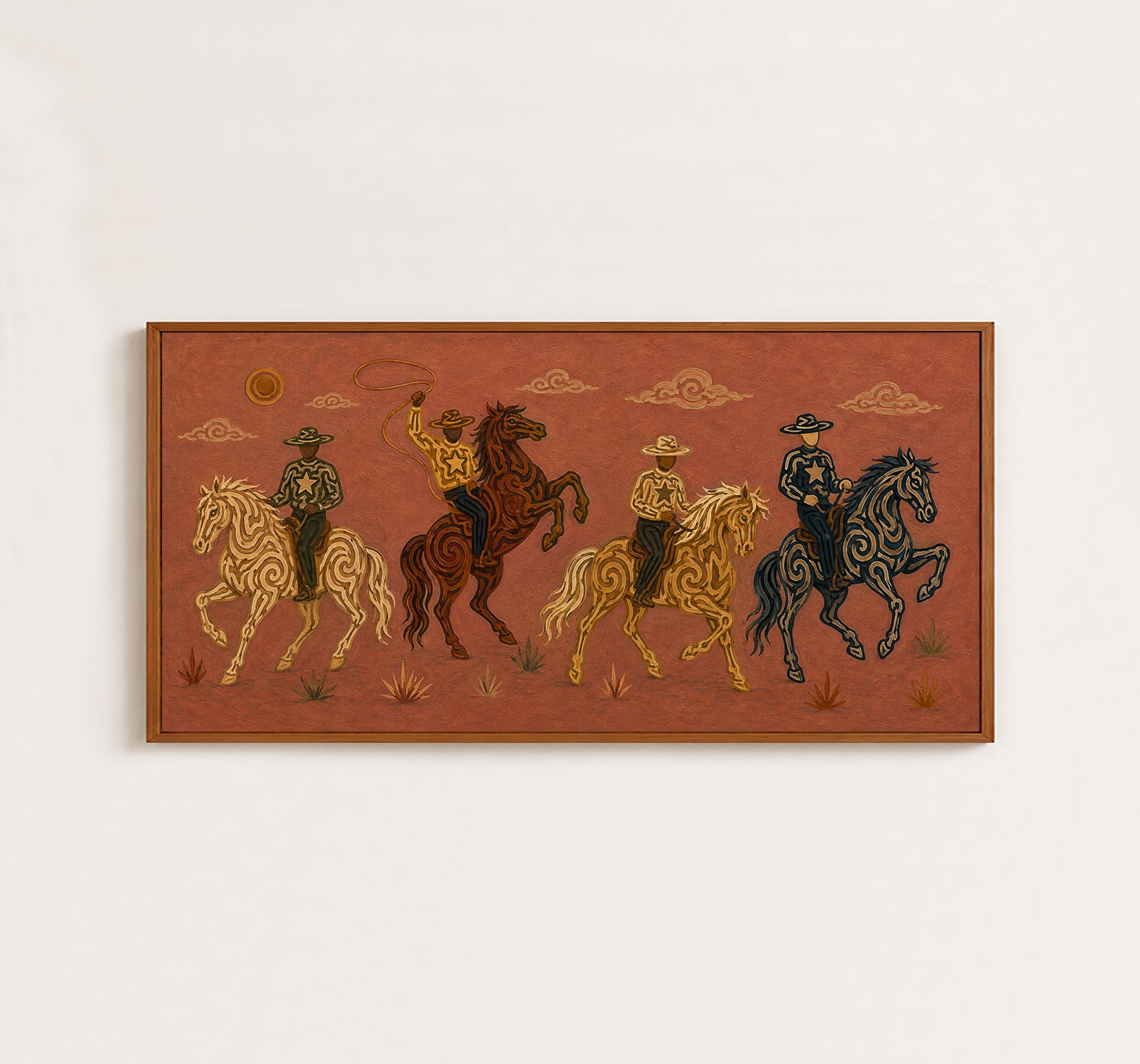 Panoramic Rodeo Cowboy Painting, Lasso Horse Riders, Southwestern Western Ranch Art
