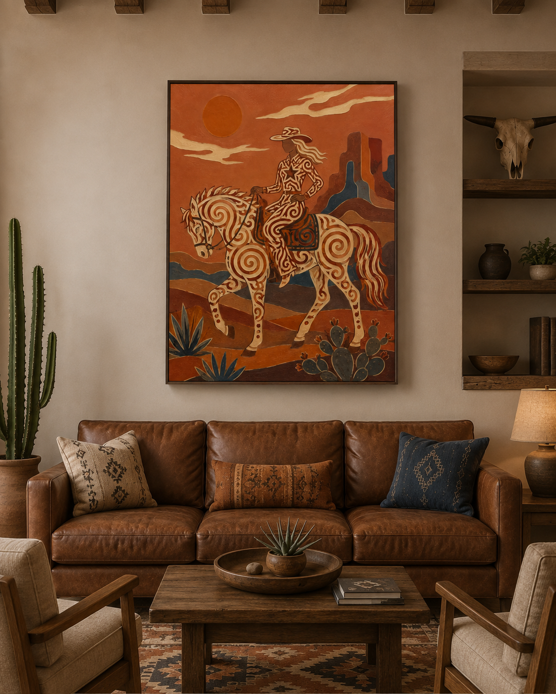 Southwestern Cowgirl Painting, Desert Horse, Canyon Folk Wall Art, Rustic Ranch Decor