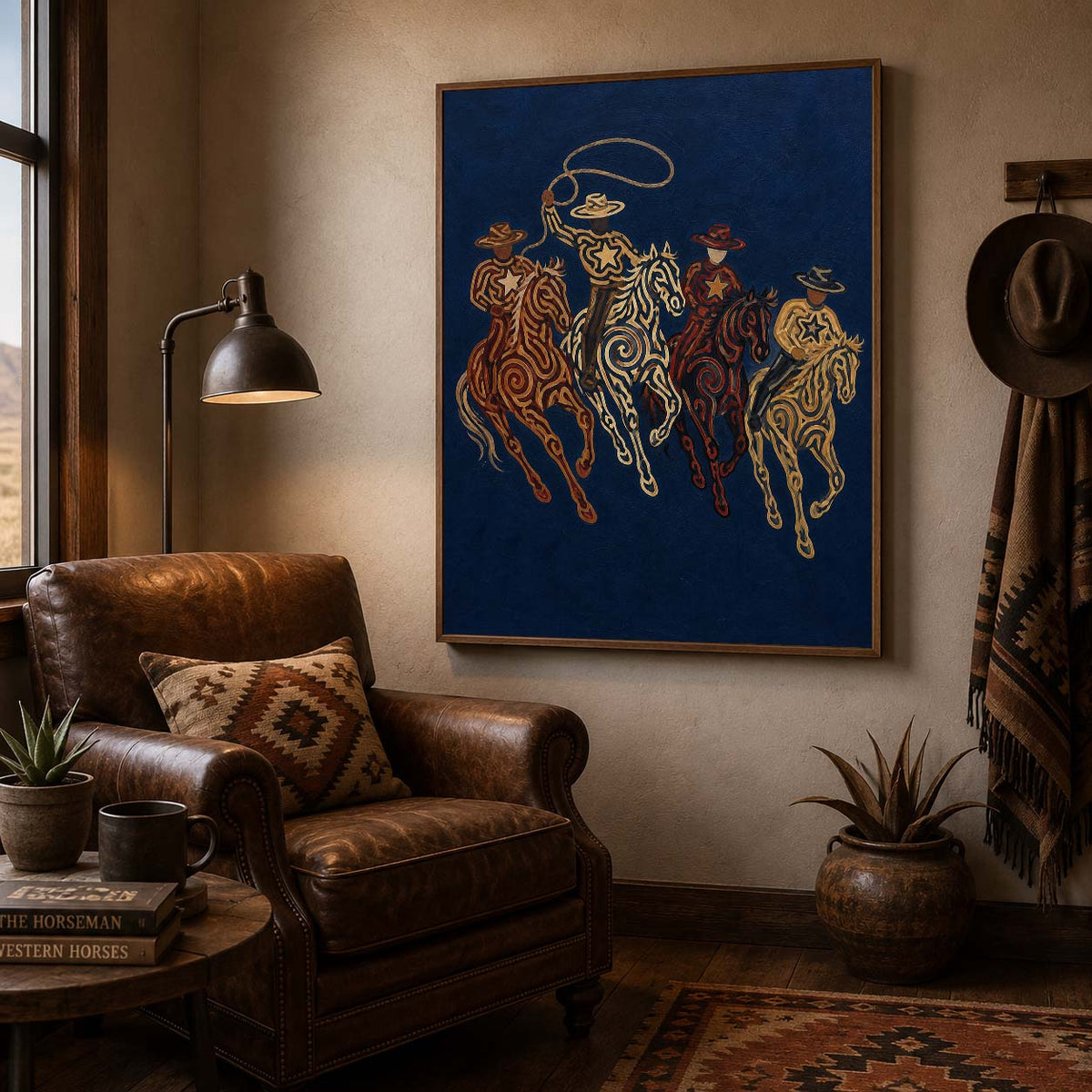 Navy Western Cowboy Oil Painting, Lasso Horse Wall Art, Southwestern Rodeo Hand Painted Decor