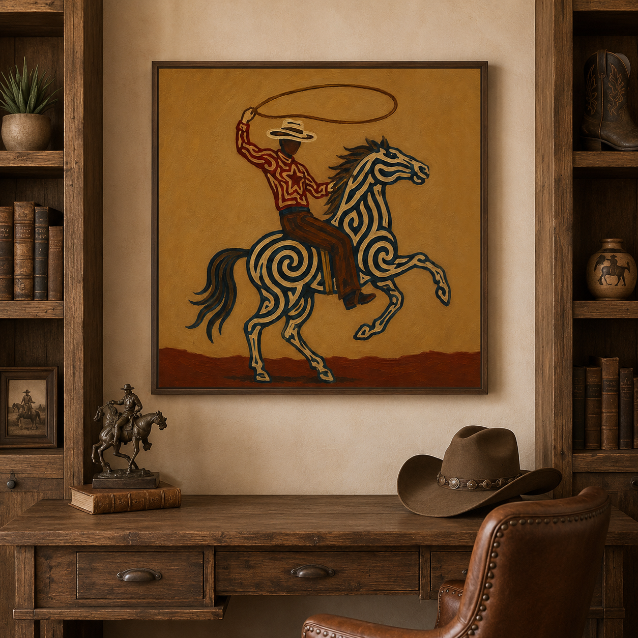 Cowboy Lasso Horse Art , Roping Horse Western Painting, Cowboy Throwing Lasso Wall Decor, Dynamic Rodeo Canvas Art