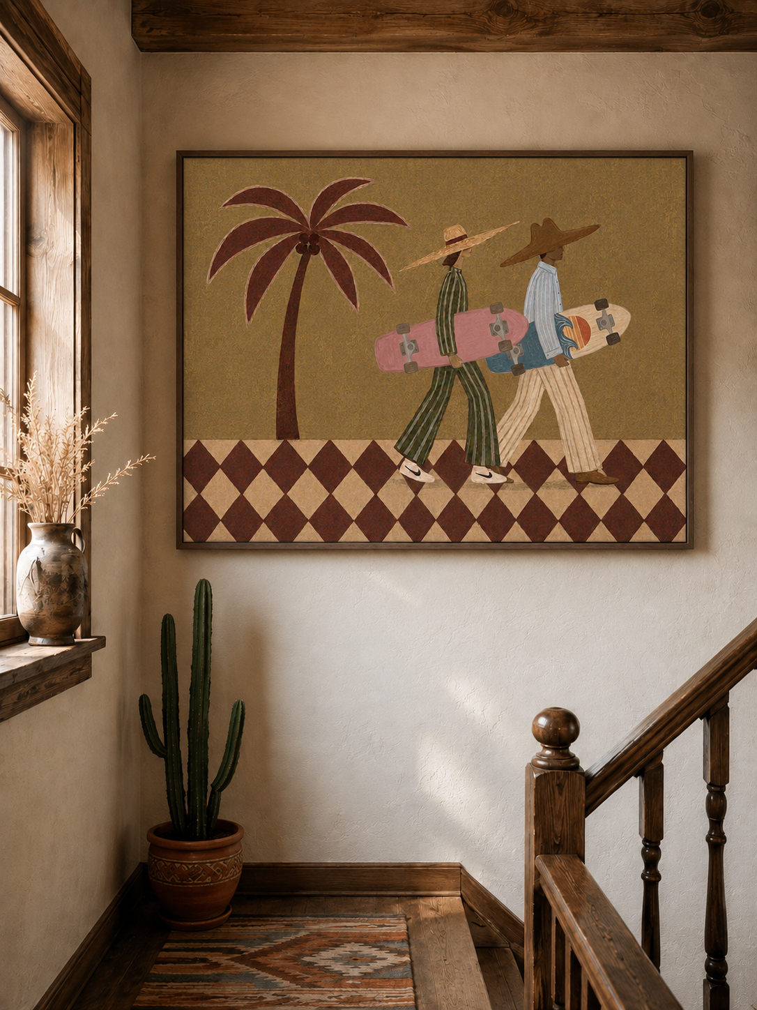 Vintage Skateboard Art With Palm Tree In Warm Brown Tones For Modern Home Decor