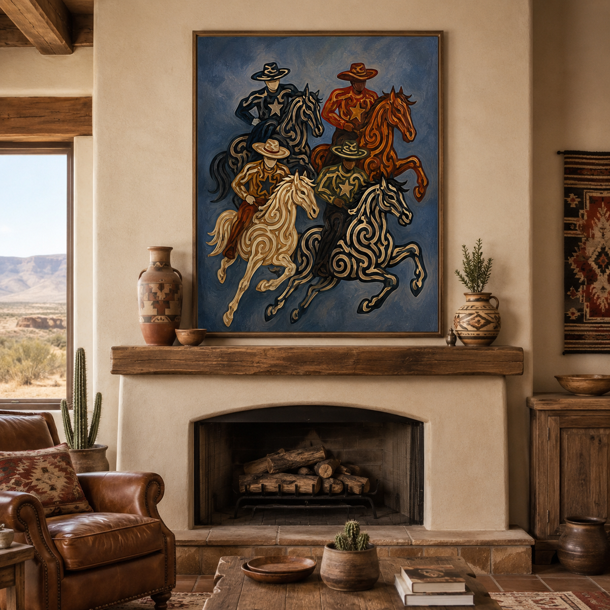 Cowboy And Horse Painting Hand-Painted Navy Blue Western Canvas Art