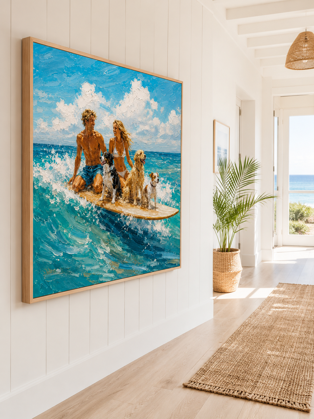 Summer Beach Wall Art Modern Textured Beach Painting With Dogs And Couple For Coastal Living Room Decor