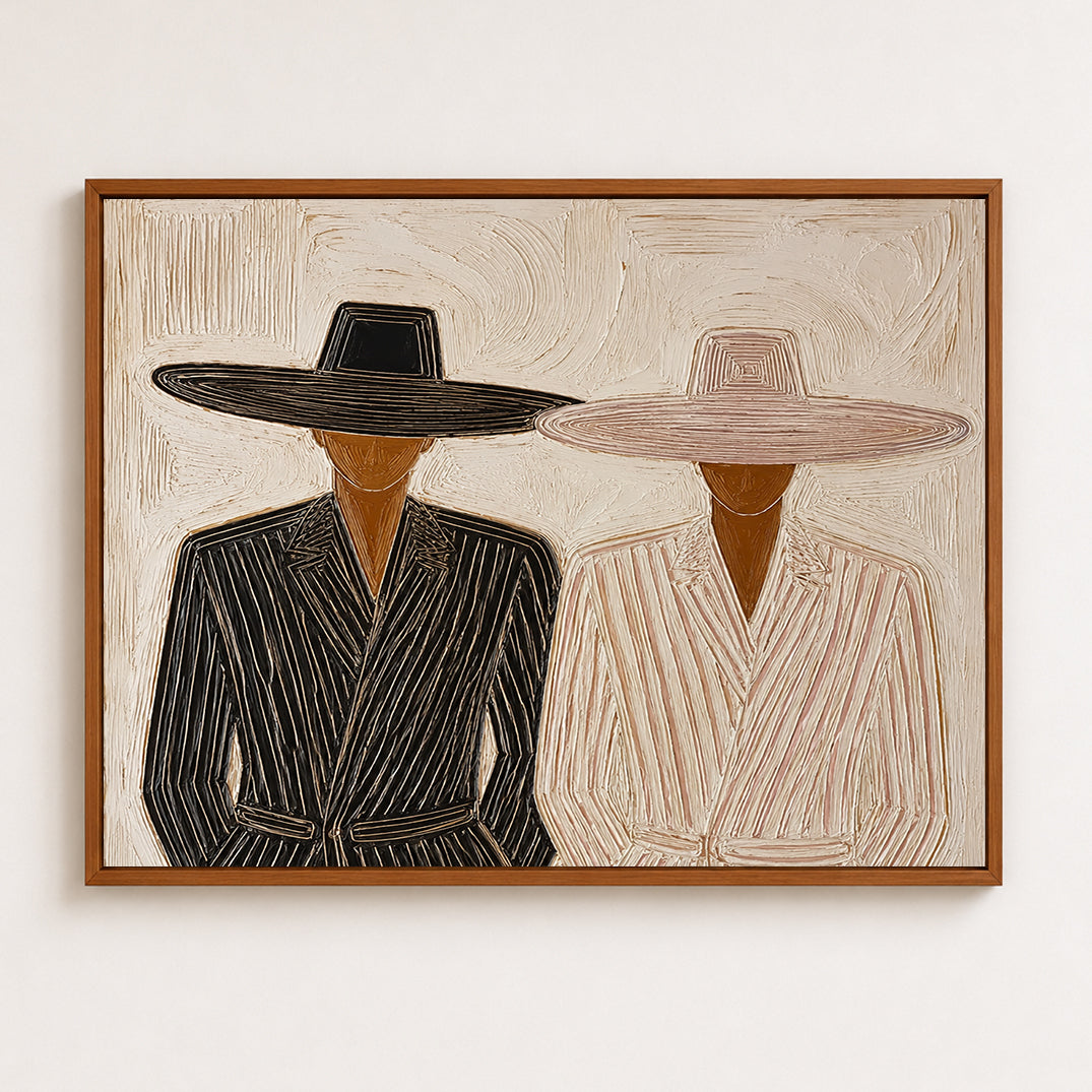 Minimalist Figure Painting With Hats For Modern Living Room Decor In Beige And Black