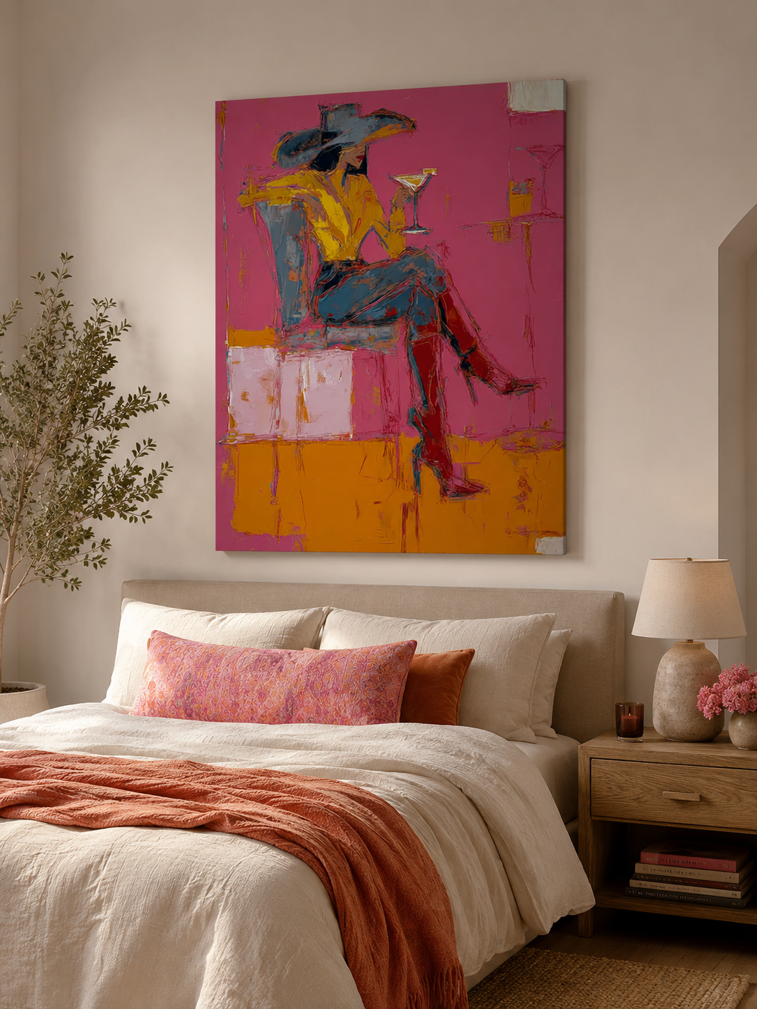 Bold Figurative Oil Painting Of Woman In Hat With Expressive Brushstrokes For Home Wall