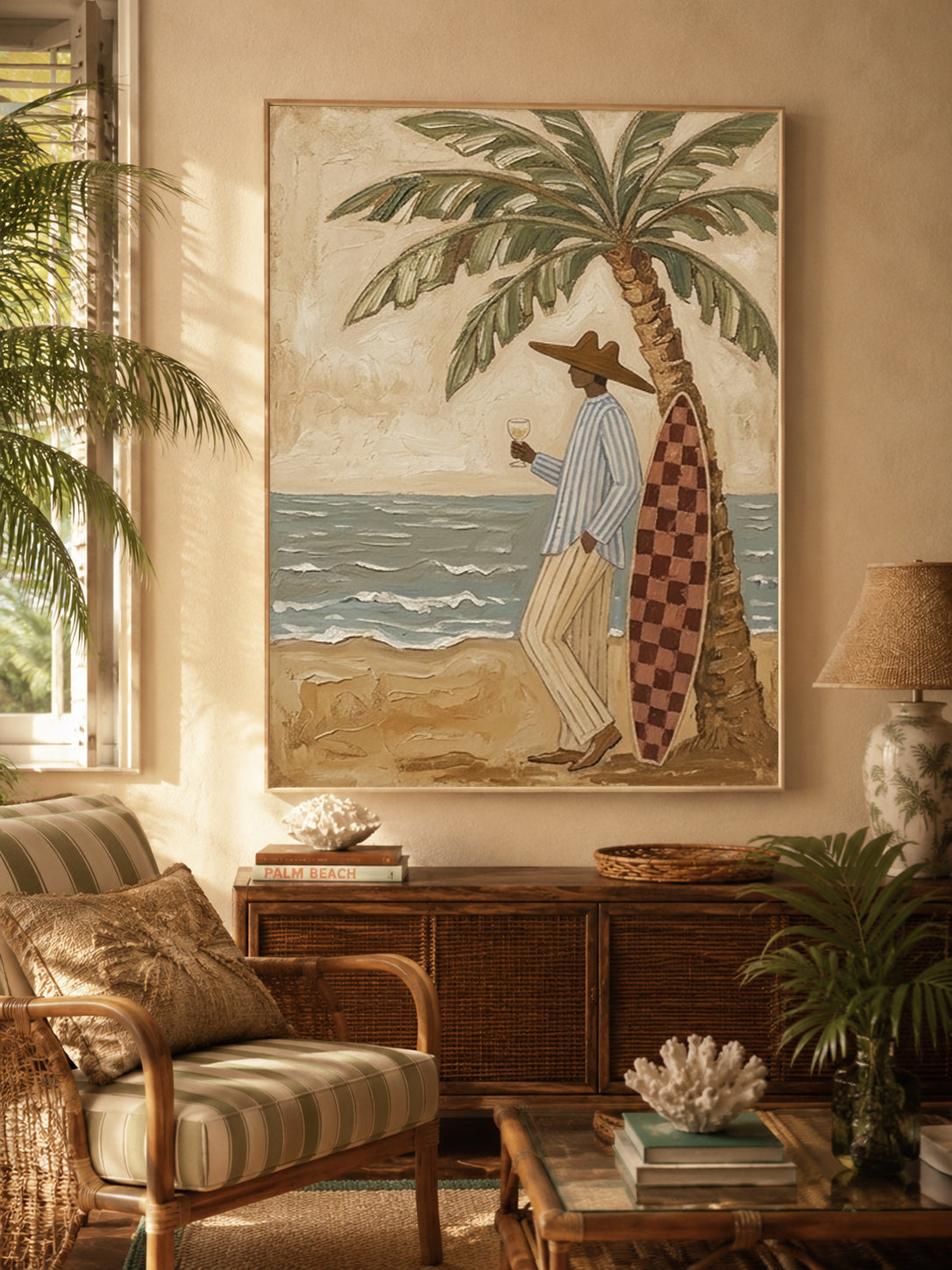 Textured Beach Canvas Art With Palm Tree And Surfer For Coastal Living Room Decor