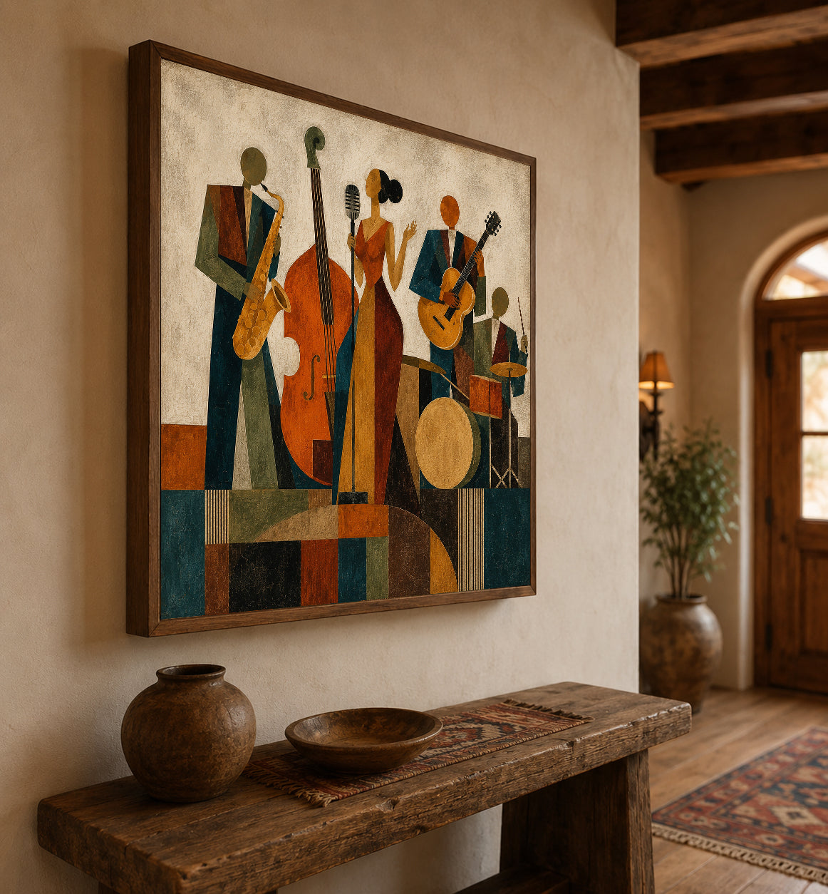 Vintage Jazz Band Painting Square Canvas Art For Living Room Music Lovers