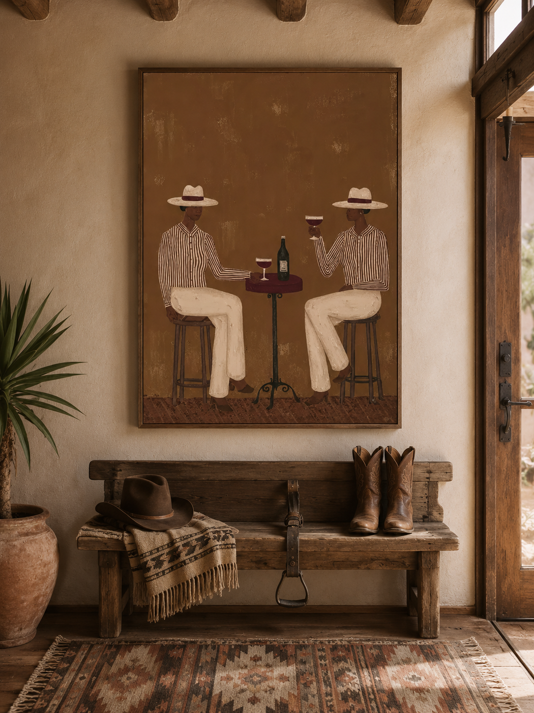 Vintage Bistro Figure Painting For Modern Dining Room Wall Art With Earthy Tones