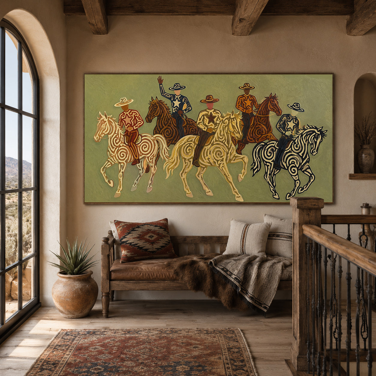 Olive Green Cowboy Riders Painting, Panoramic Western Horse Art, Modern Southwestern Decor