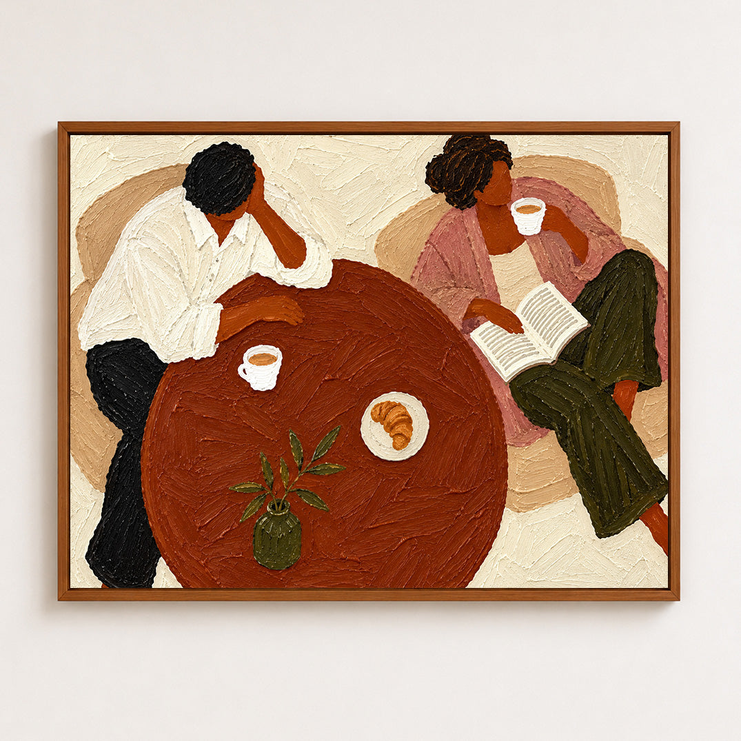 Vintage Couple Coffee Scene Hand-Painted Canvas Wall Art In Earth Tones