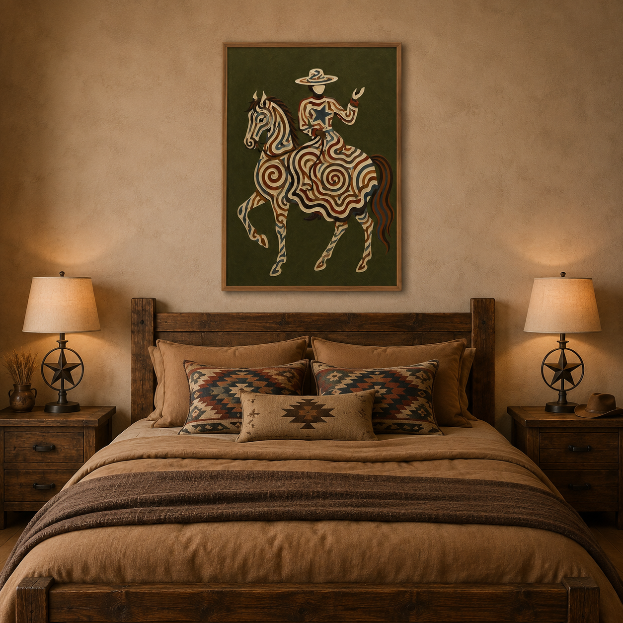 Vintage Cowgirl And Horse Painting Olive Green Wall Art For Living Room Decor