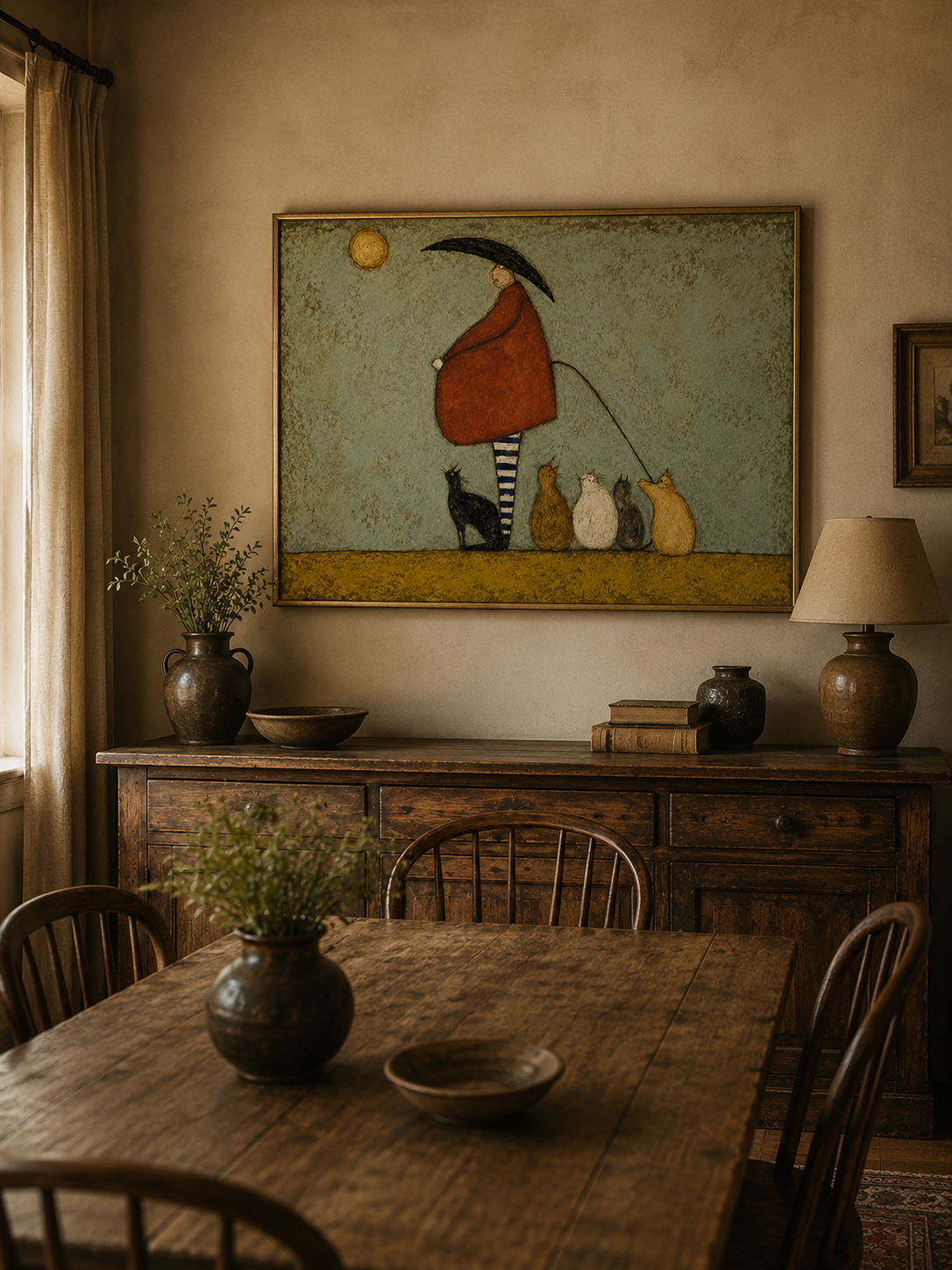 Whimsical Cat Lady Painting With Black Cats Folk Art For Modern Home Decor