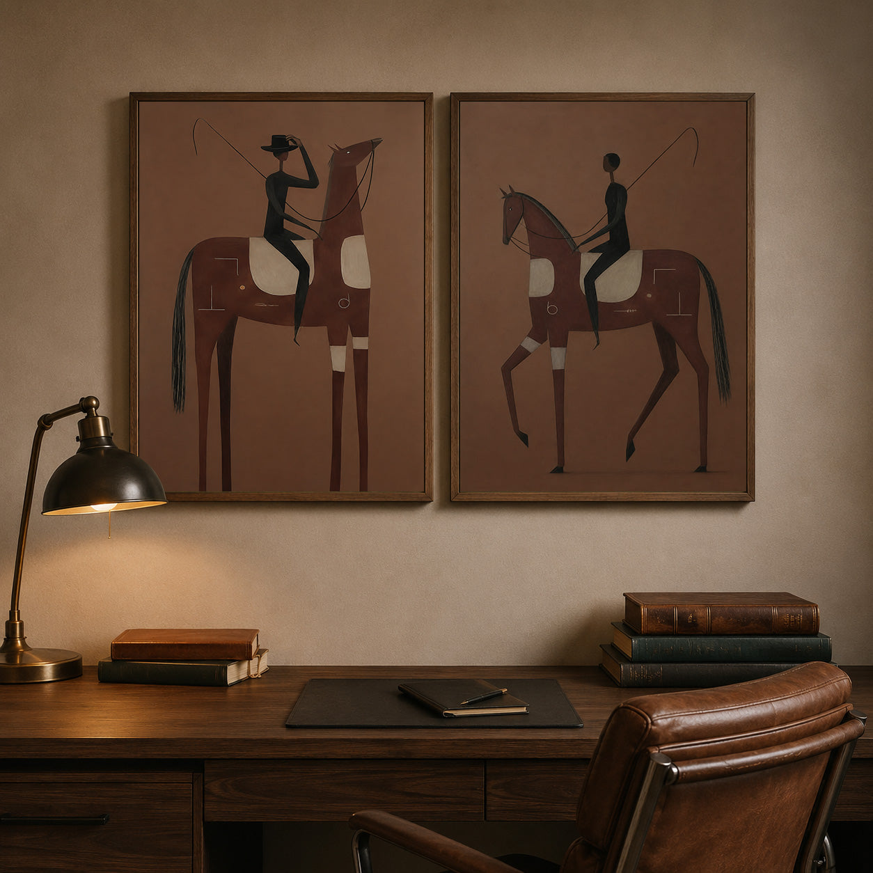 Vintage Brown Horse Painting Set For Modern Equestrian Home Decor