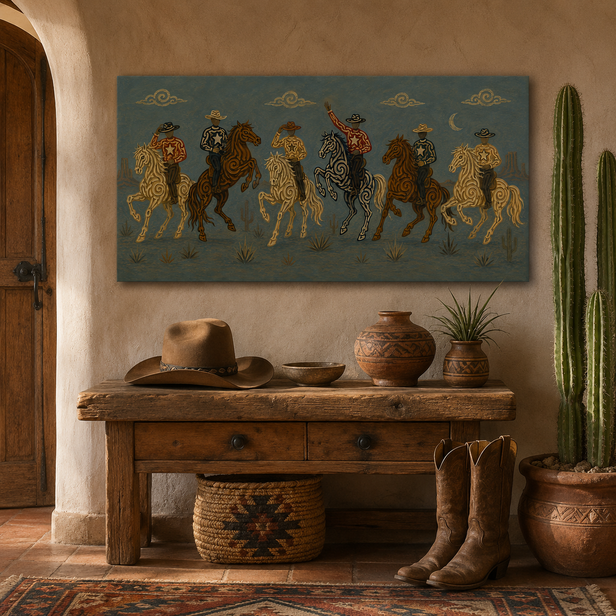 Blue Moon Cowboy Riders Painting, Panoramic Western Horse Art, Southwestern Desert Night Decor
