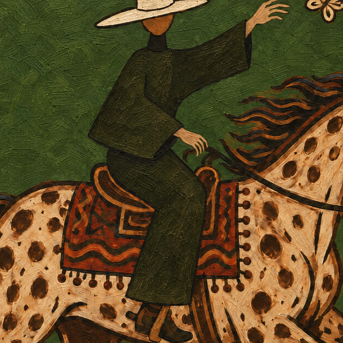 Cowboy And Spotted Horse Canvas Painting With Butterflies In Green