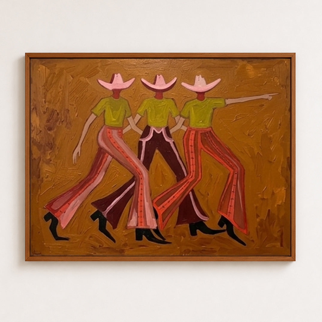 Vintage Cowgirl Painting With Pink Hats And Green Shirts On Canvas