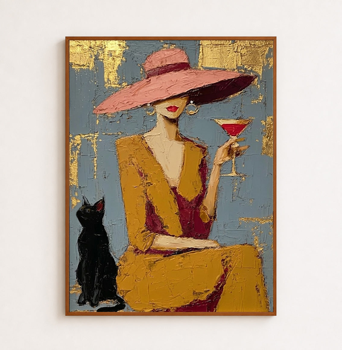 Elegant Lady With Black Cat Gold Foil Oil Painting For Bar Decor