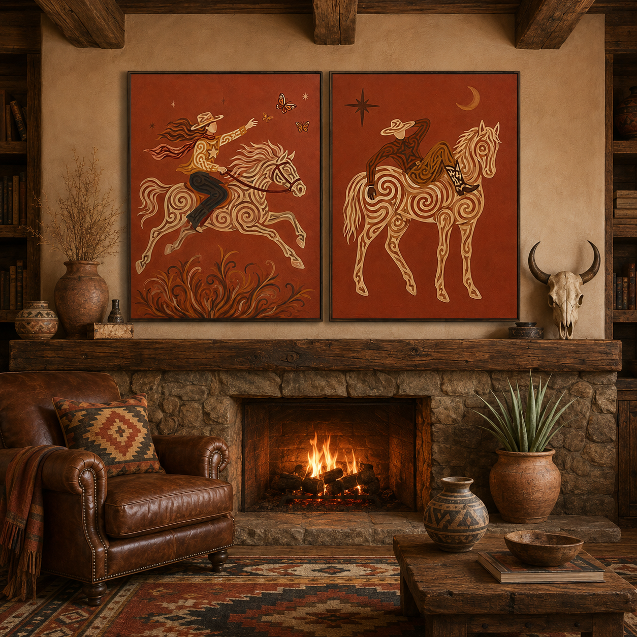 Western Cowboy Wall Art, Rustic Red Horse Canvas, Boho Equestrian Art, Vintage Cowboy Aesthetic, Set Of 2 Western Room Decor