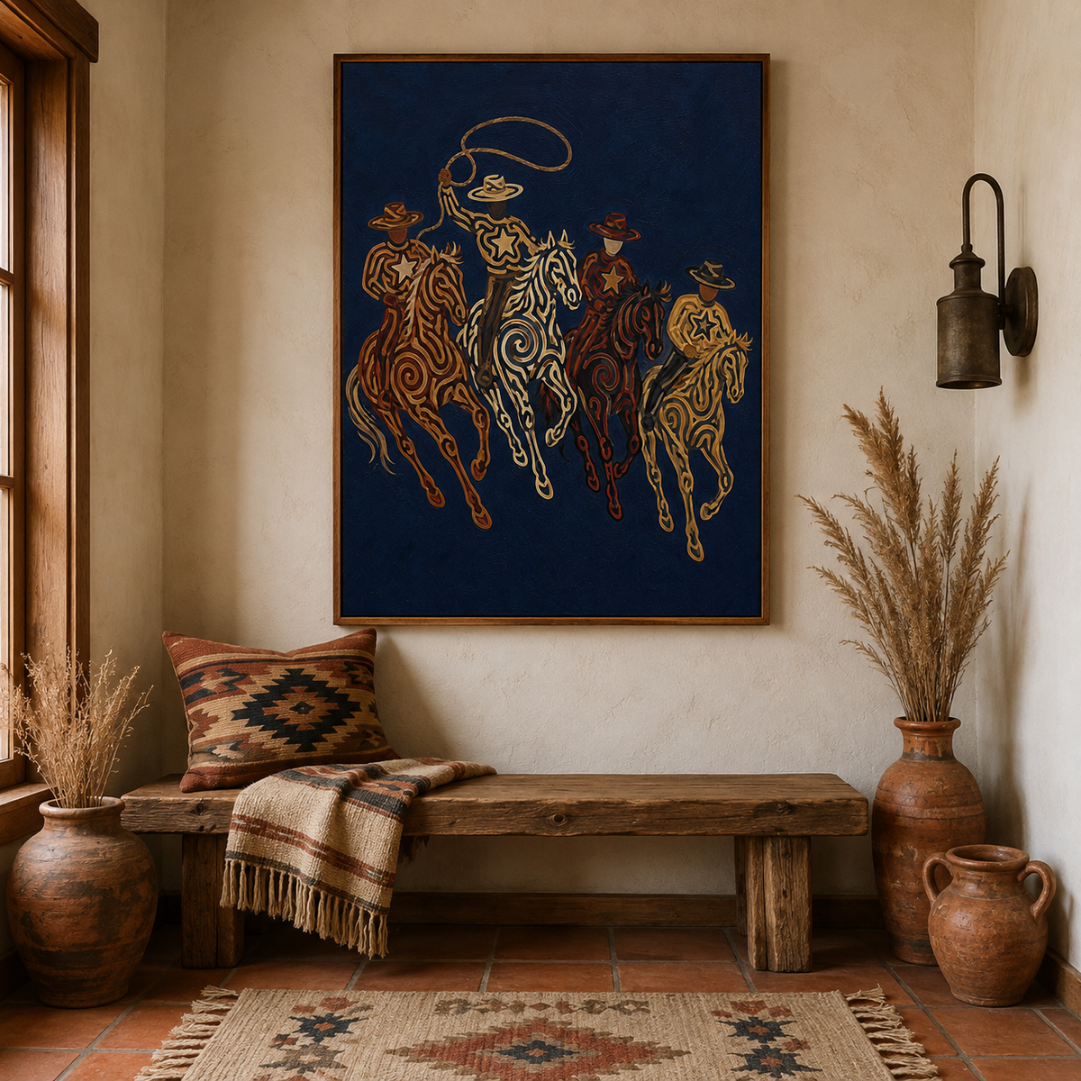 Navy Western Cowboy Oil Painting, Lasso Horse Wall Art, Southwestern Rodeo Hand Painted Decor