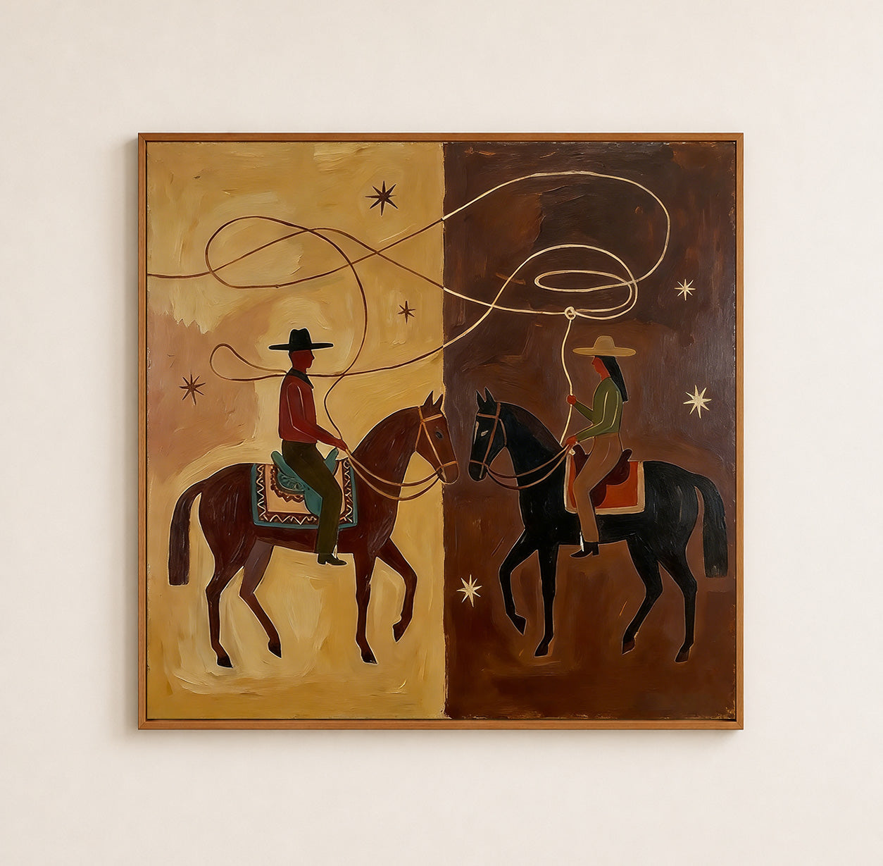 Western Cowboy Horse Painting Earthy Tones Modern Wall Art For Living Room