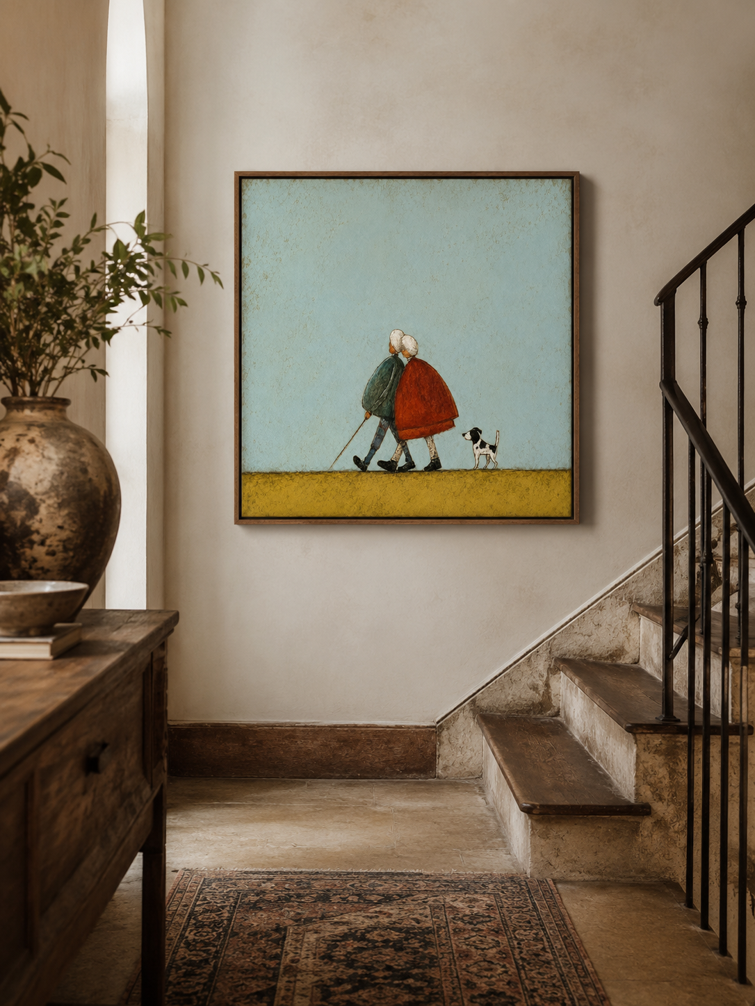 Vintage Elderly Couple With Dog Painting For Cozy Home Decor