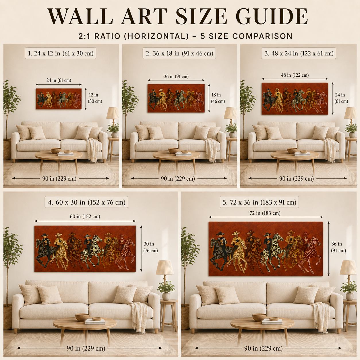 Panoramic Cowboy Horsemen Painting, Terracotta Western Riders, Rustic Ranch Wall Art