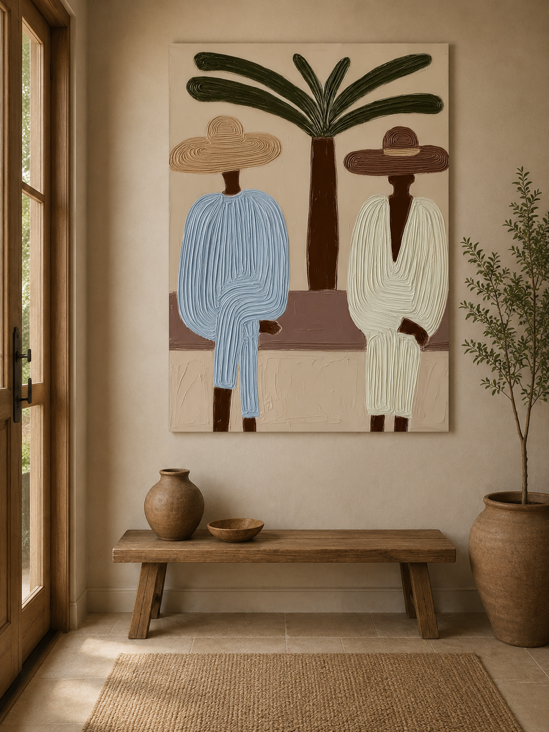 Abstract Mediterranean Figure Painting With Palm Tree Textured Oil Art For Coastal Home