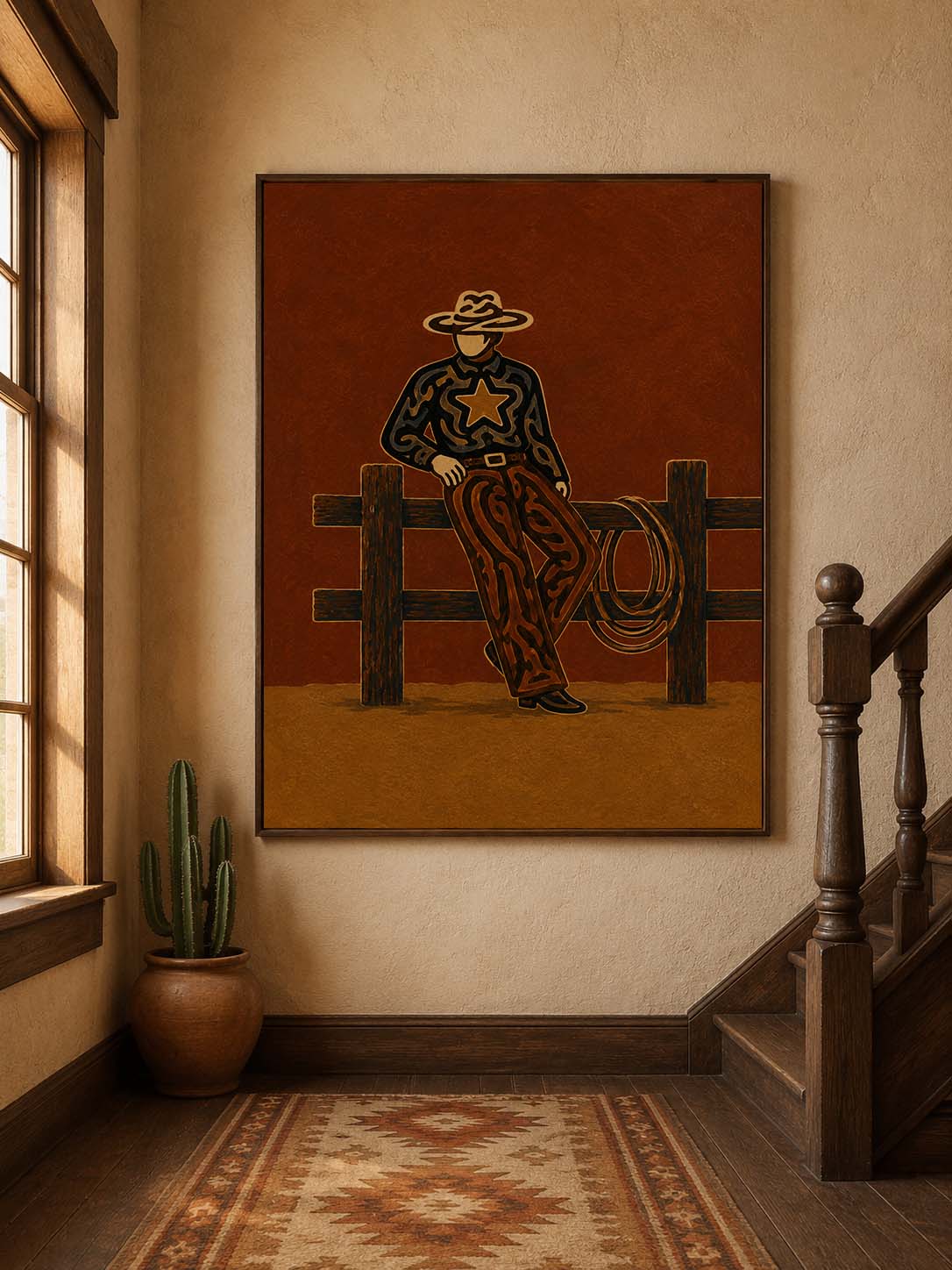 Vintage Cowboy Painting, Western Ranch Wall Art, Rustic Southwestern Rodeo Home Decor