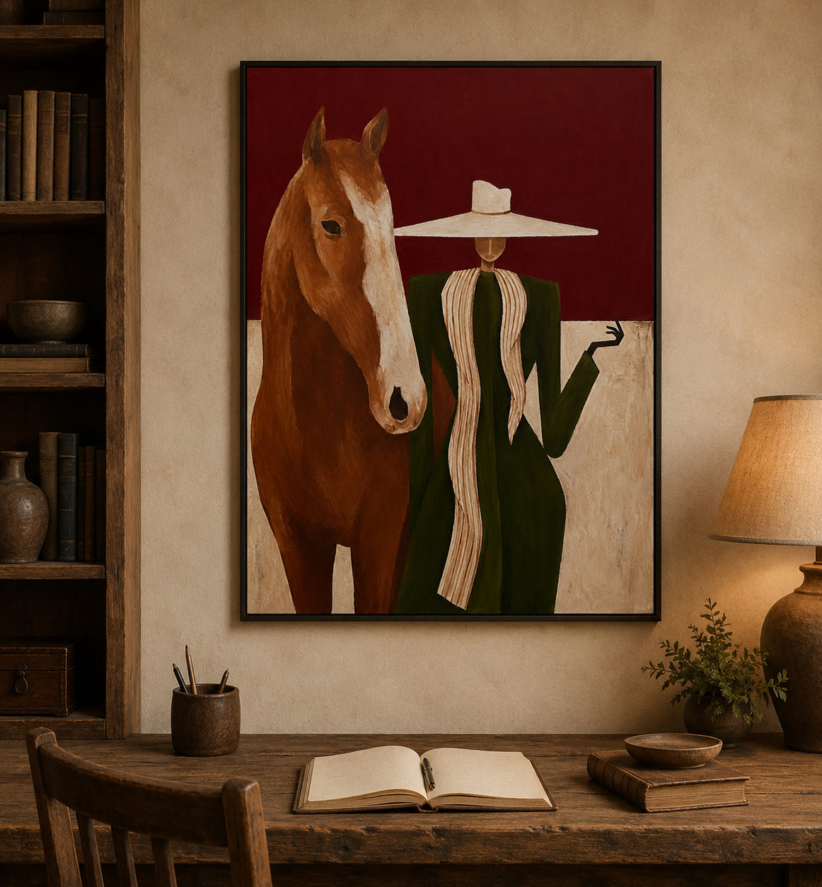 Lady In Wide Brim Hat With Horse Original Oil Painting Abstract Animal Decor