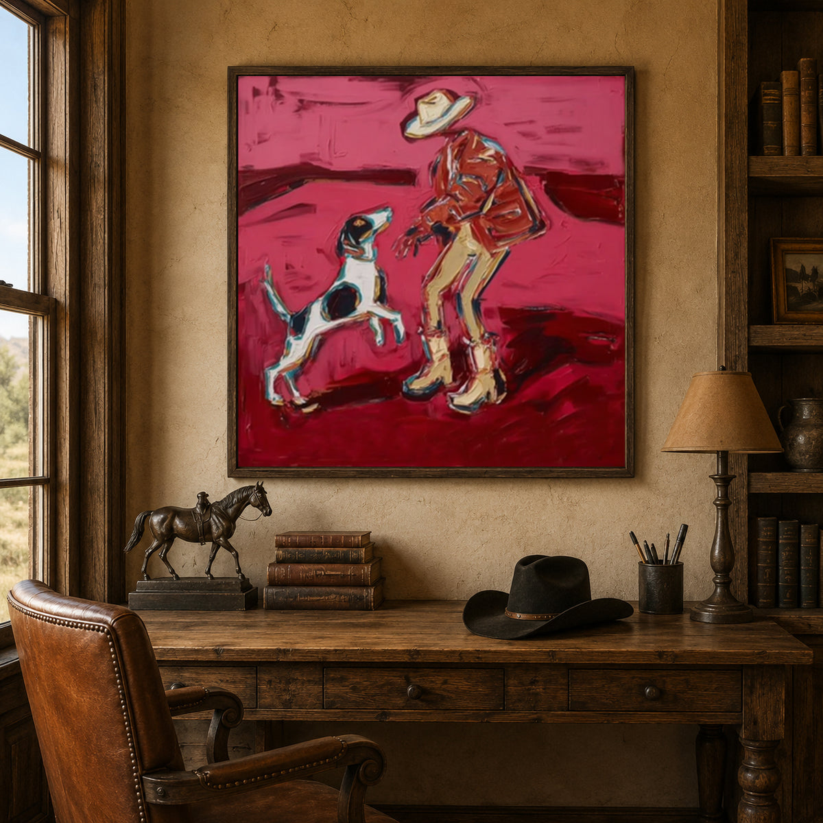 Cowboy And Dog Figurative Canvas Painting In Red Tones For Modern Western Decor