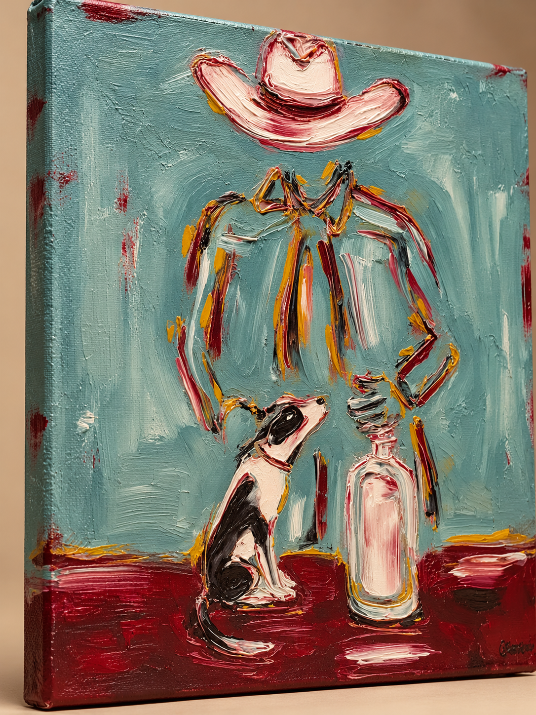 Whimsical Cowboy And Dog Canvas Art, Pink Hat Western Wall Decor, Teal Countryside Painting