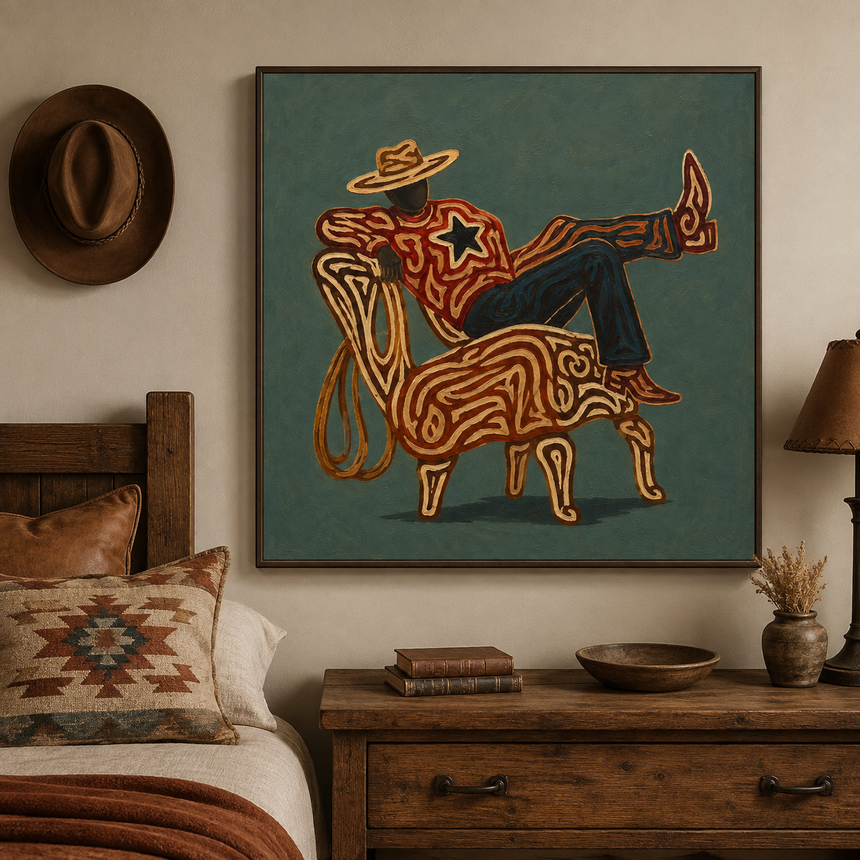Cowboy Relaxing Art , Western Aesthetic Wall Art, Abstract Cowboy Painting, Modern Rustic Decor Canvas, Contemporary Cowboy Art