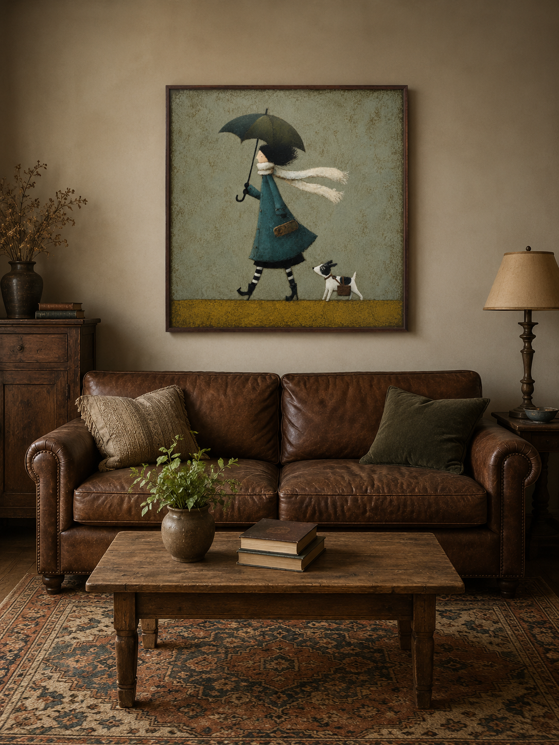 Whimsical Girl With Dog Umbrella Painting Textured Teal Green Wall Art For Nursery