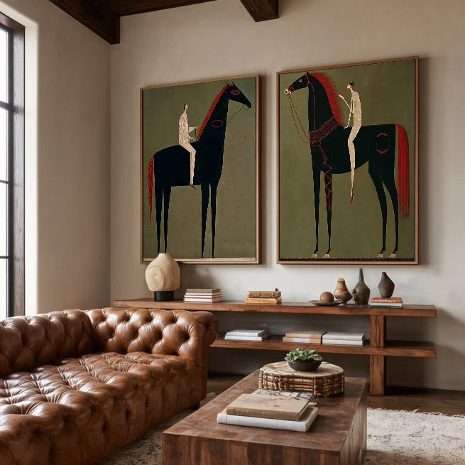 Modern Equestrian Art Set Of Two Black Horse Paintings For Living Room Decor