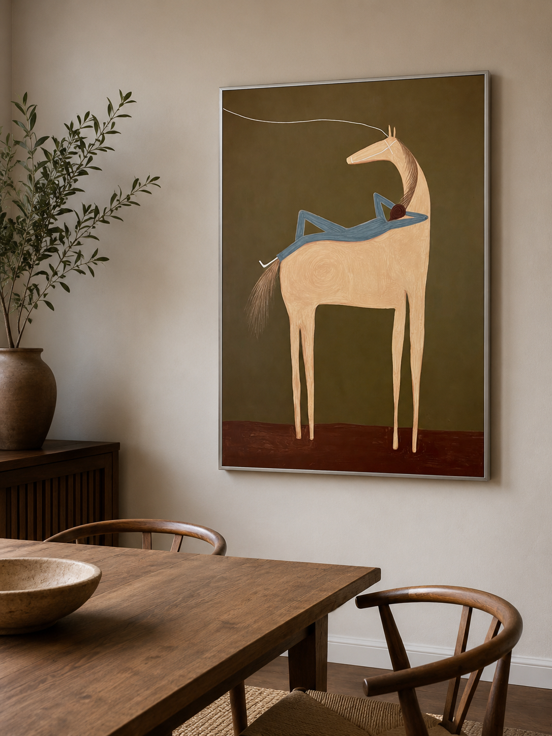 Olive Green And Beige Animal Art Hand Painted Canvas For Bedroom Wall