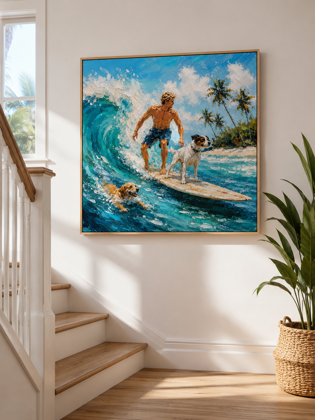 Surfer And Dogs Painting For Boys Room Beach Themed Wall Art Decor