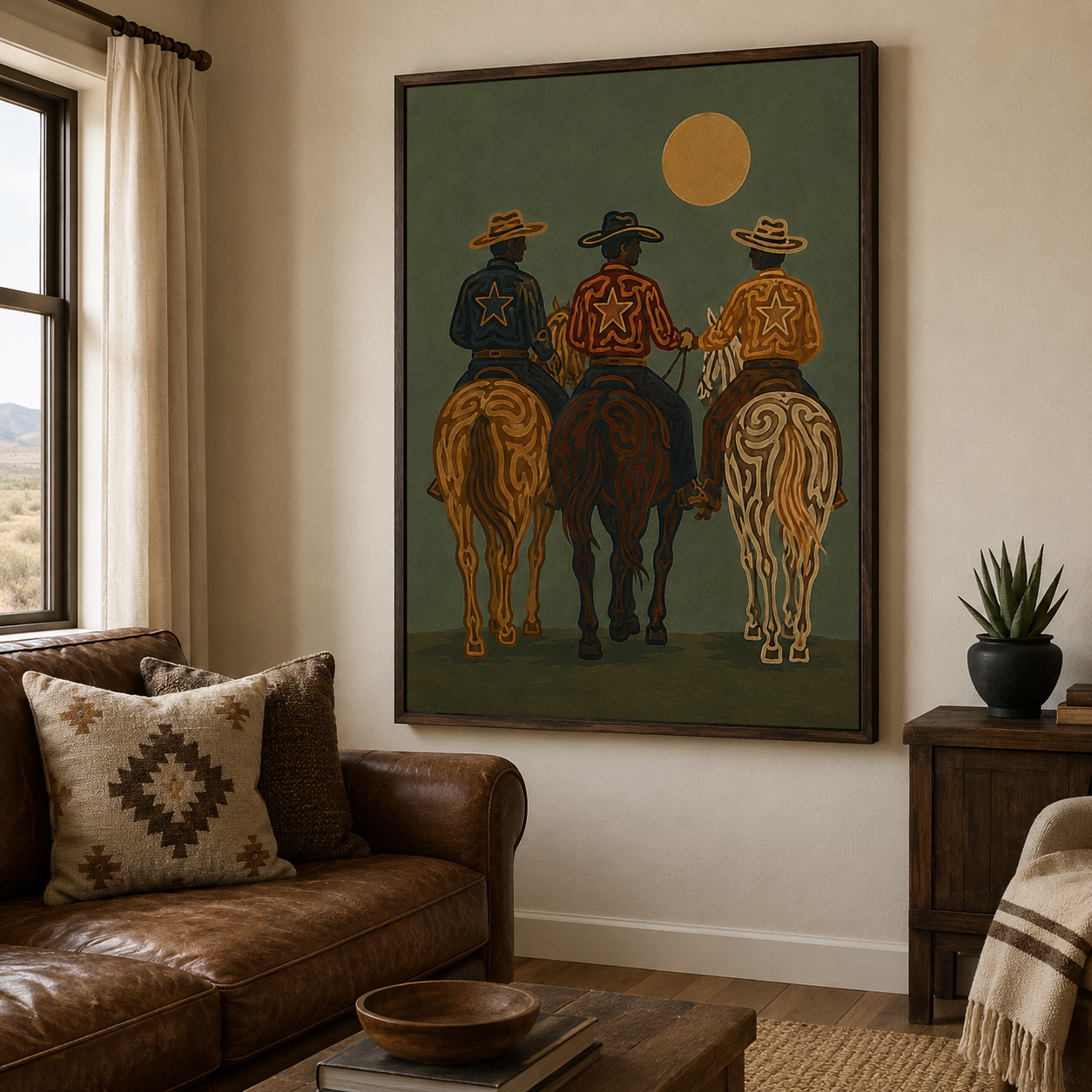 Three Cowboys Painting, Western Horse Riders, Rustic Southwestern Ranch Wall Art