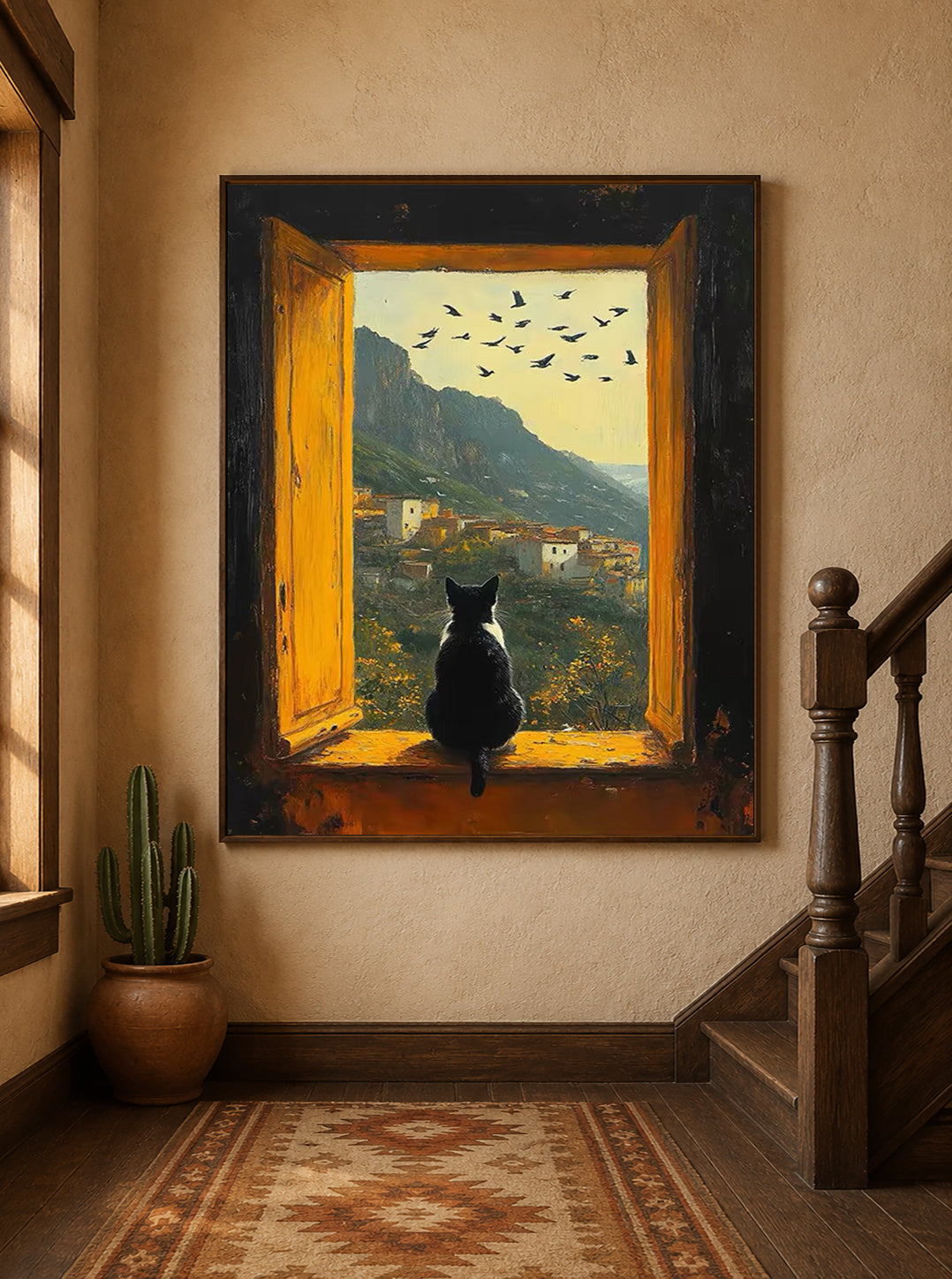 Black Cat Art, Cat Oil Painting, Window View Art, Mountain Village Painting, Cozy Home Decor