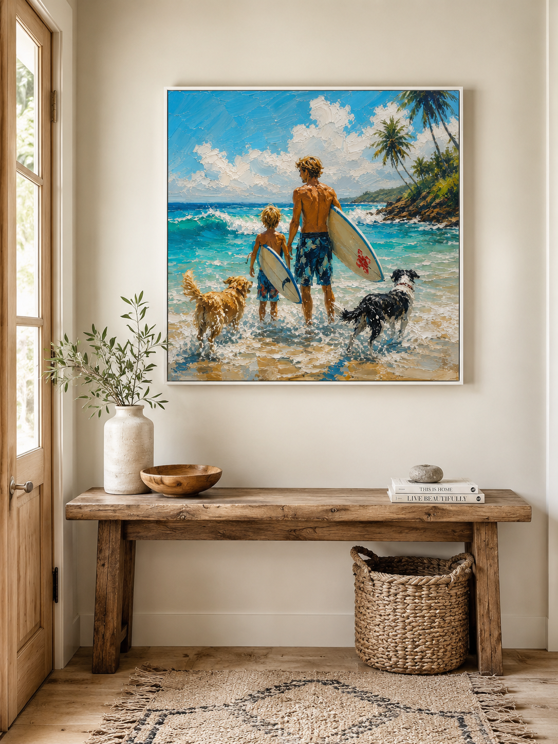 Coastal Vacation Wall Art Father Son Surfing Oil Painting With Dogs For Beach House Decor