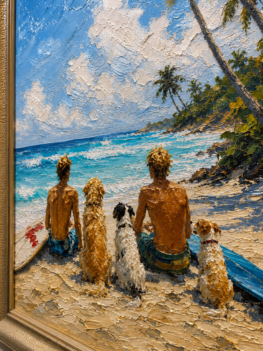 Modern Textured Beach Art Summer Beach Surfing Oil Painting With Dogs For Modern Home Decor