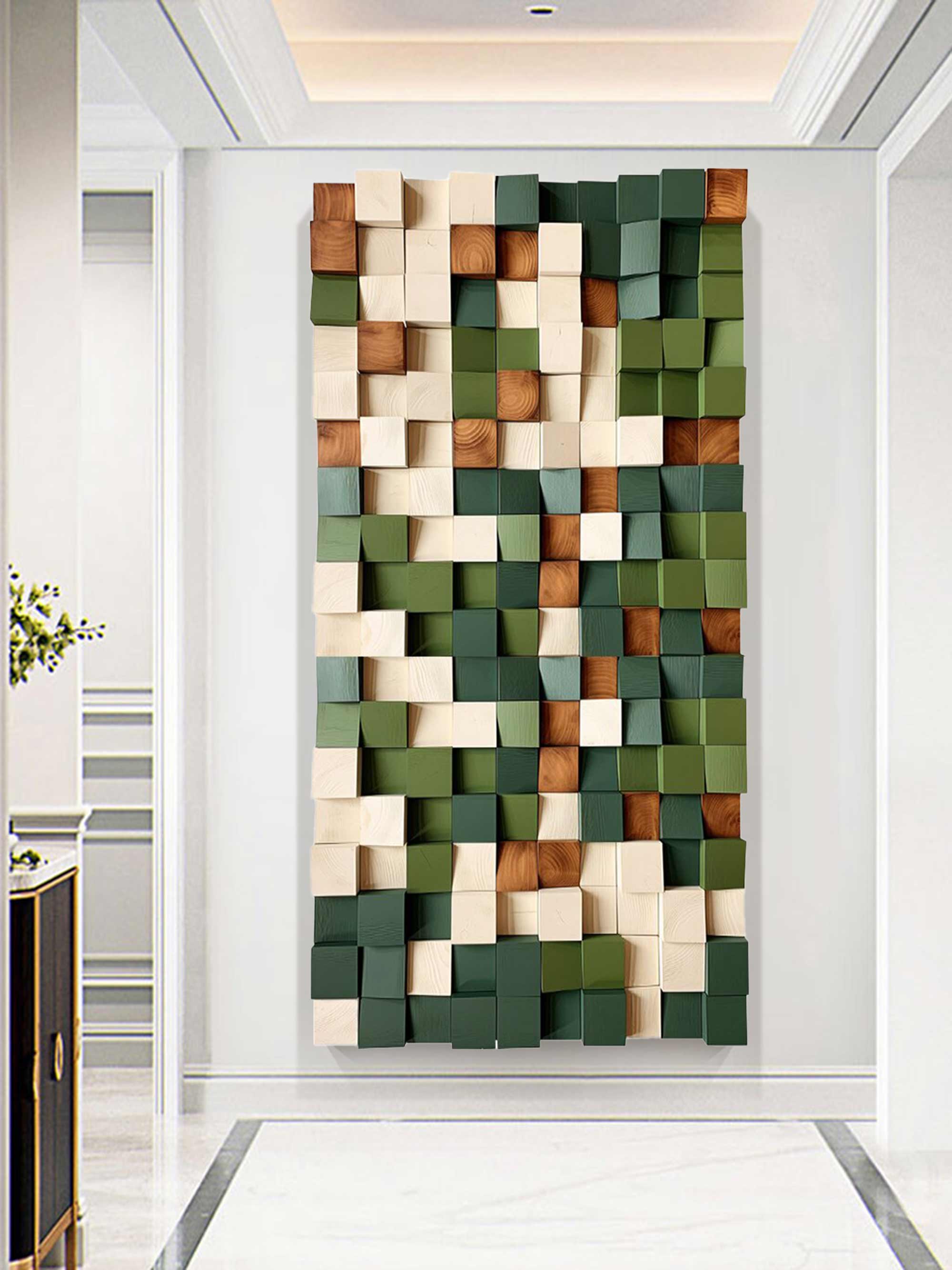 Green Geometric Wood Decor Art Textured Wall Sculpture Decor Painting
