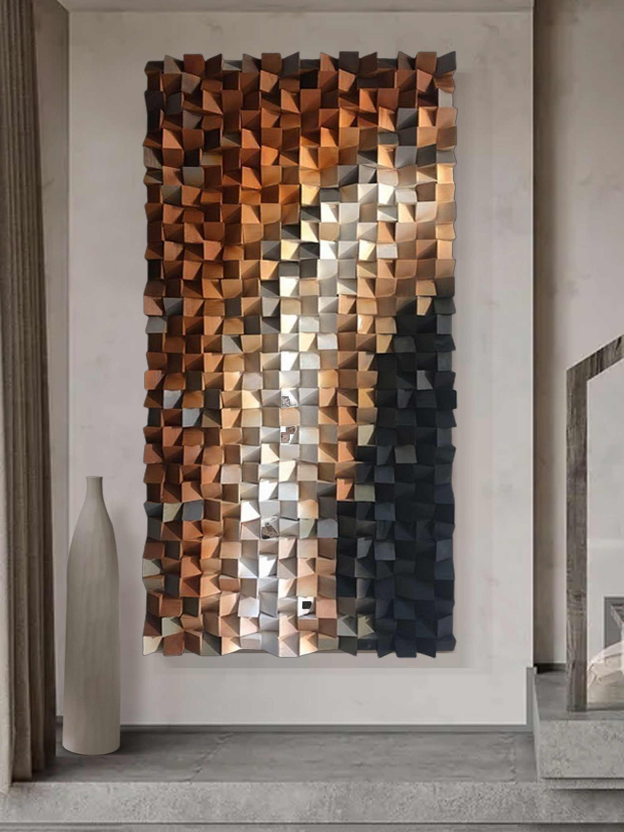 Brown Geometric Wood Decor Art Textured Wall Sculpture Decor Painting