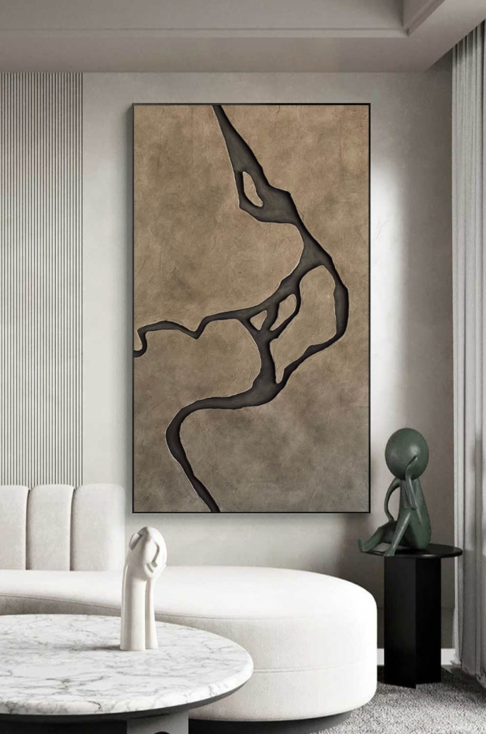 Large 3D Wood Carving Wall Art - Modern Terracotta Textured Painting for Living Room
