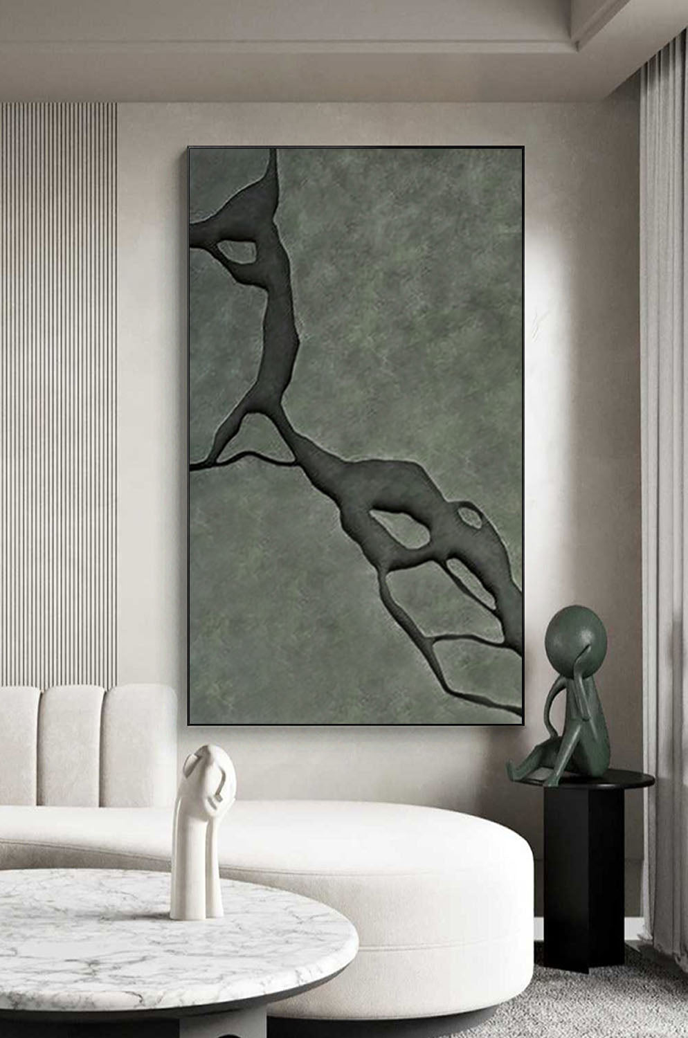 Green 3D Wood Carving Wall Art - Modern Olive Green Textured Painting for Living Room